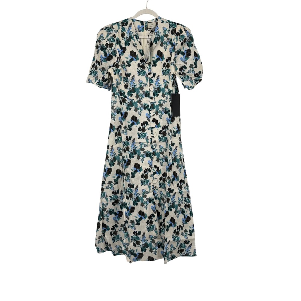 Tuckernuck Blue Blooms Dress Womens Size L Blue Floral Linen Midi Short Sleeve